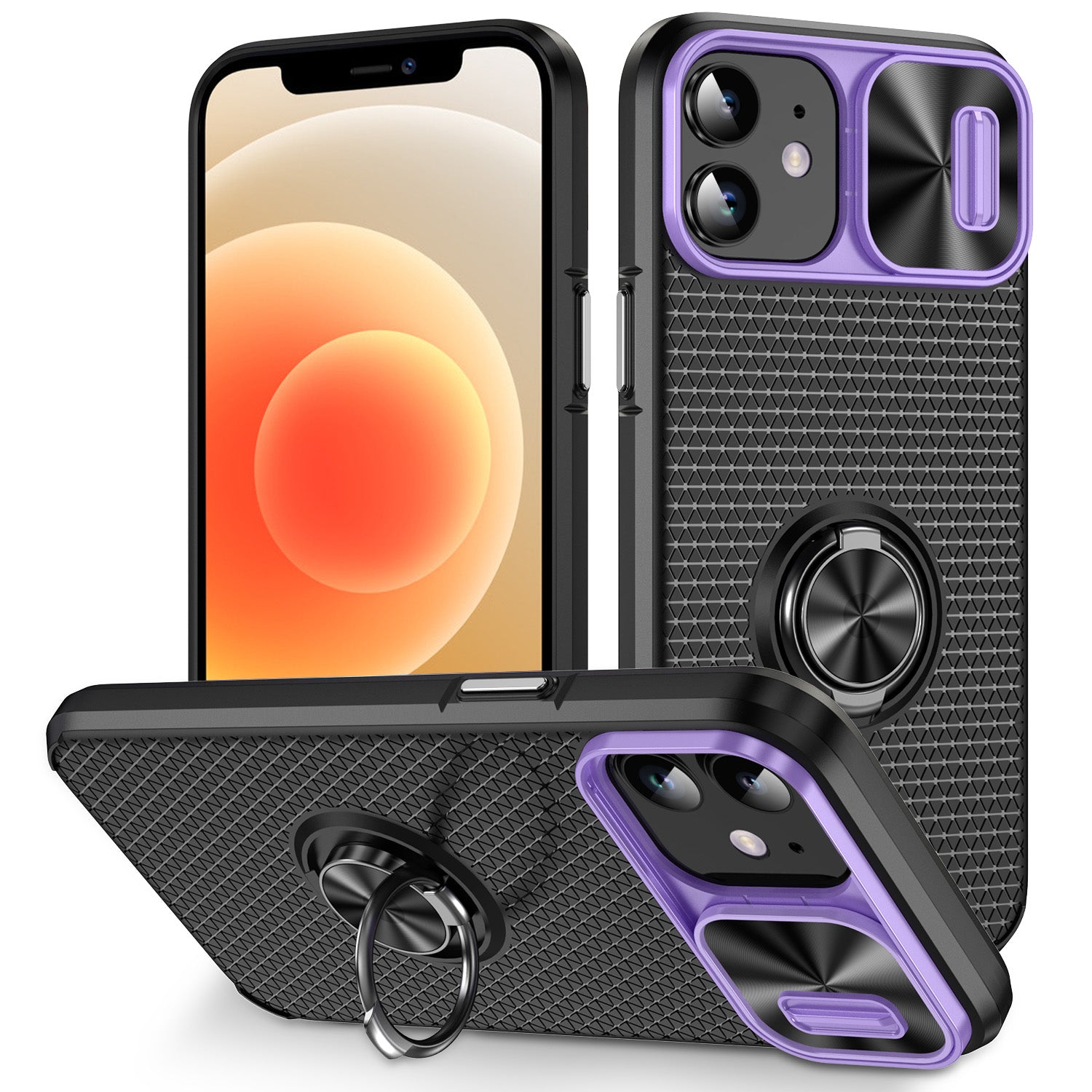 For iPhone 12 / 12 Pro Slide Lens Cover Phone Case Ring Kickstand PC TPU Cell Phone Shell