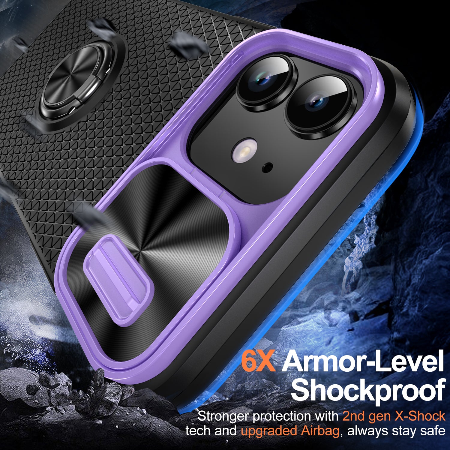 For iPhone 12 / 12 Pro Slide Lens Cover Phone Case Ring Kickstand PC TPU Cell Phone Shell
