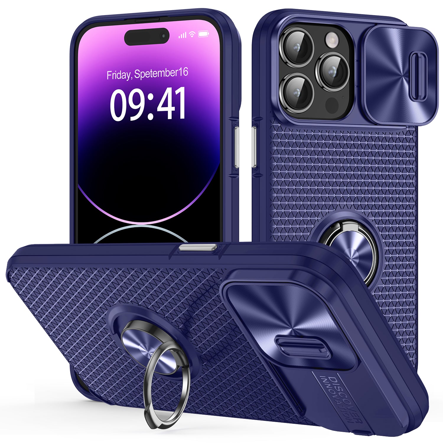 PC TPU Phone Case for iPhone 14 Pro Max Ring Kickstand Slide Camera Lens Cover Phone Shell
