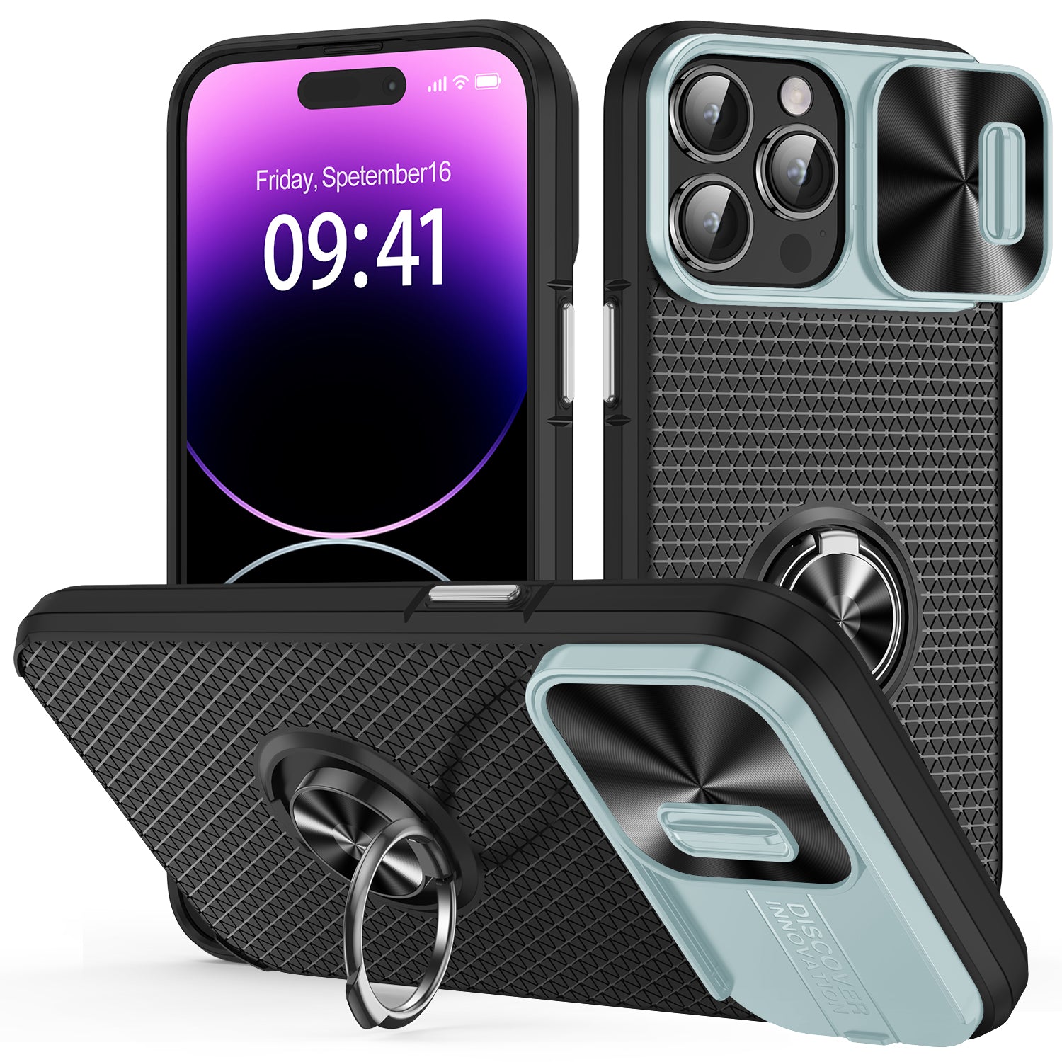 PC TPU Phone Case for iPhone 14 Pro Max Ring Kickstand Slide Camera Lens Cover Phone Shell
