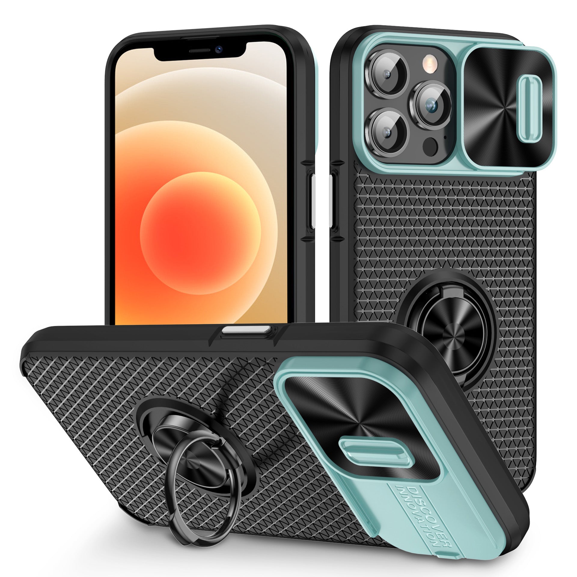 Slide Lens Protection Phone Case til iPhone 12 Pro Max Ring Kickstand PC TPU Mobiltelefon Cover