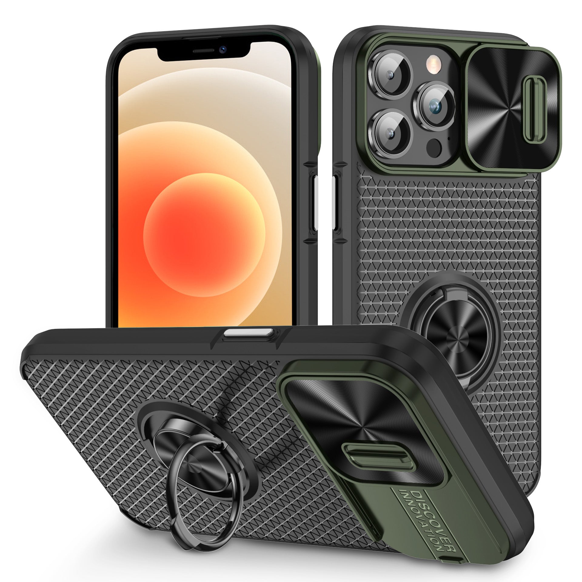 Slide Lens Protection Phone Case til iPhone 12 Pro Max Ring Kickstand PC TPU Mobiltelefon Cover