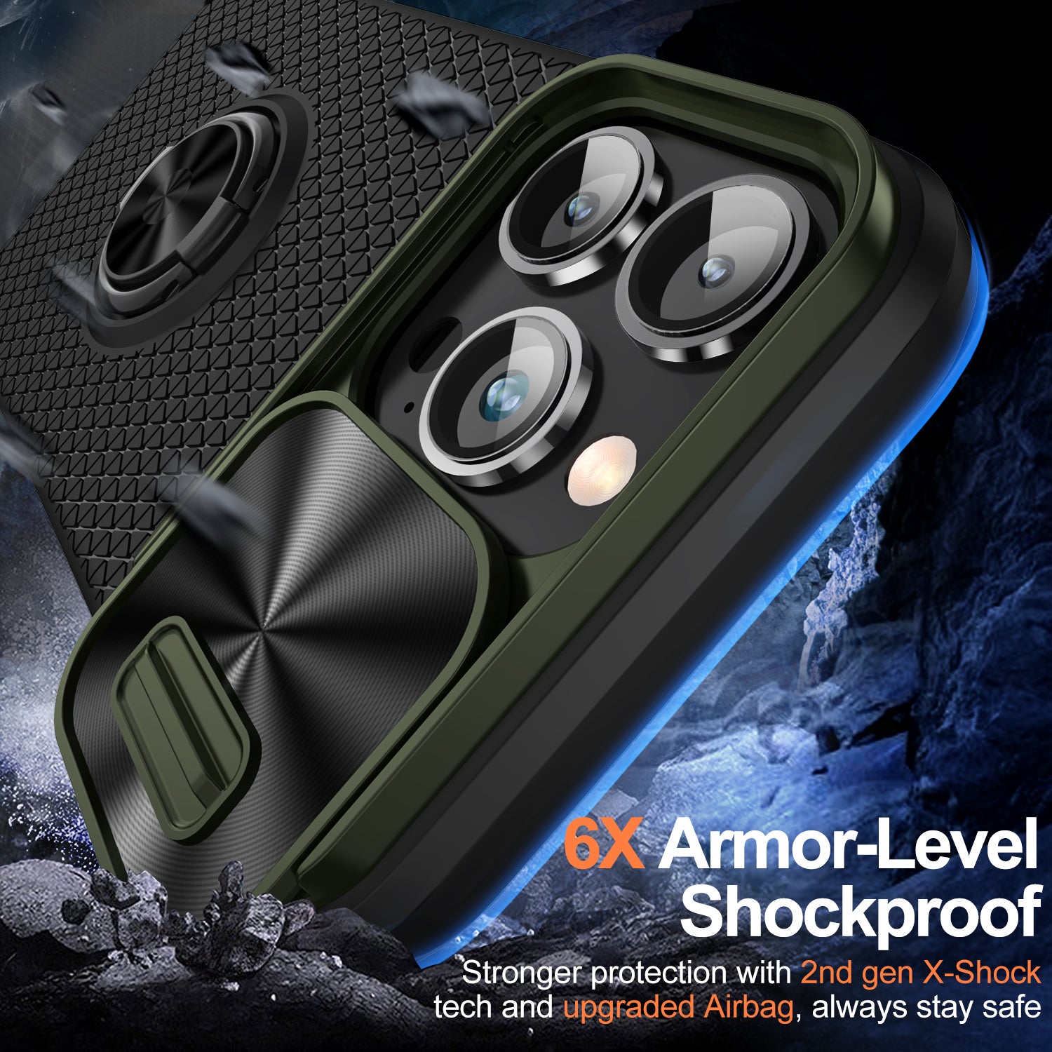 Slide Lens Protection Phone Case til iPhone 12 Pro Max Ring Kickstand PC TPU Mobiltelefon Cover