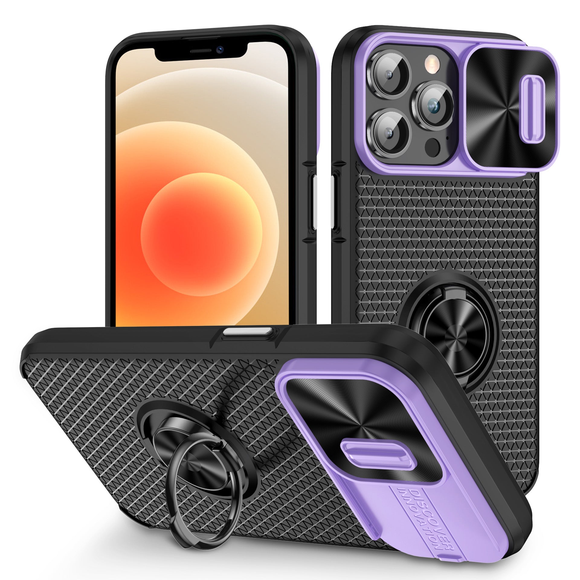 Slide Lens Protection Phone Case for iPhone 12 Pro Max Ring Kickstand PC TPU Mobile Phone Cover