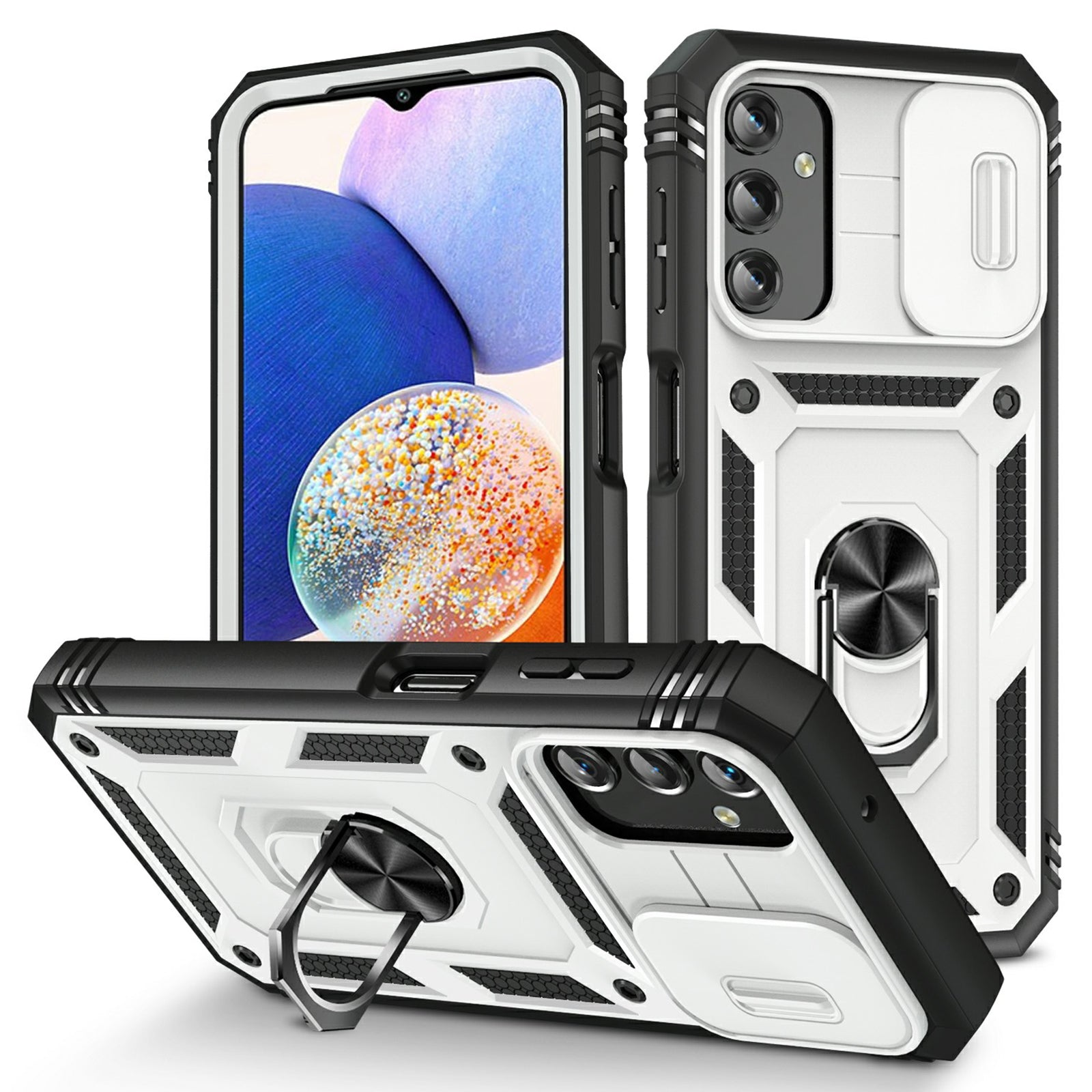 Shockproof Case for Samsung Galaxy A14 4G Kickstand PC TPU Cover with Card Slot Lens Guard