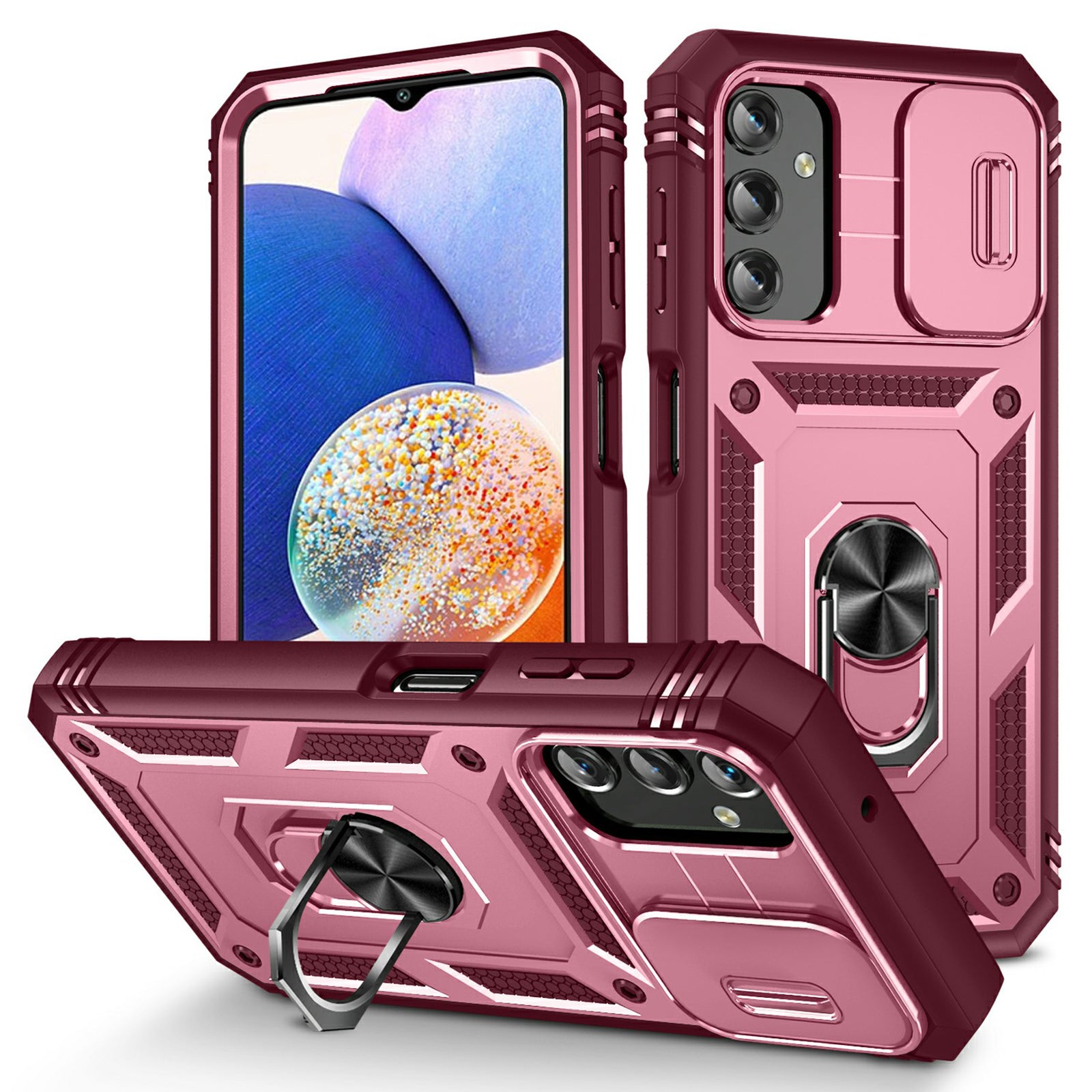Shockproof Case for Samsung Galaxy A14 4G Kickstand PC TPU Cover with Card Slot Lens Guard