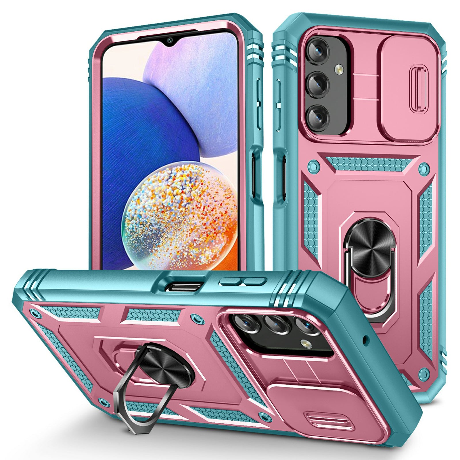 Shockproof Case for Samsung Galaxy A14 4G Kickstand PC TPU Cover with Card Slot Lens Guard