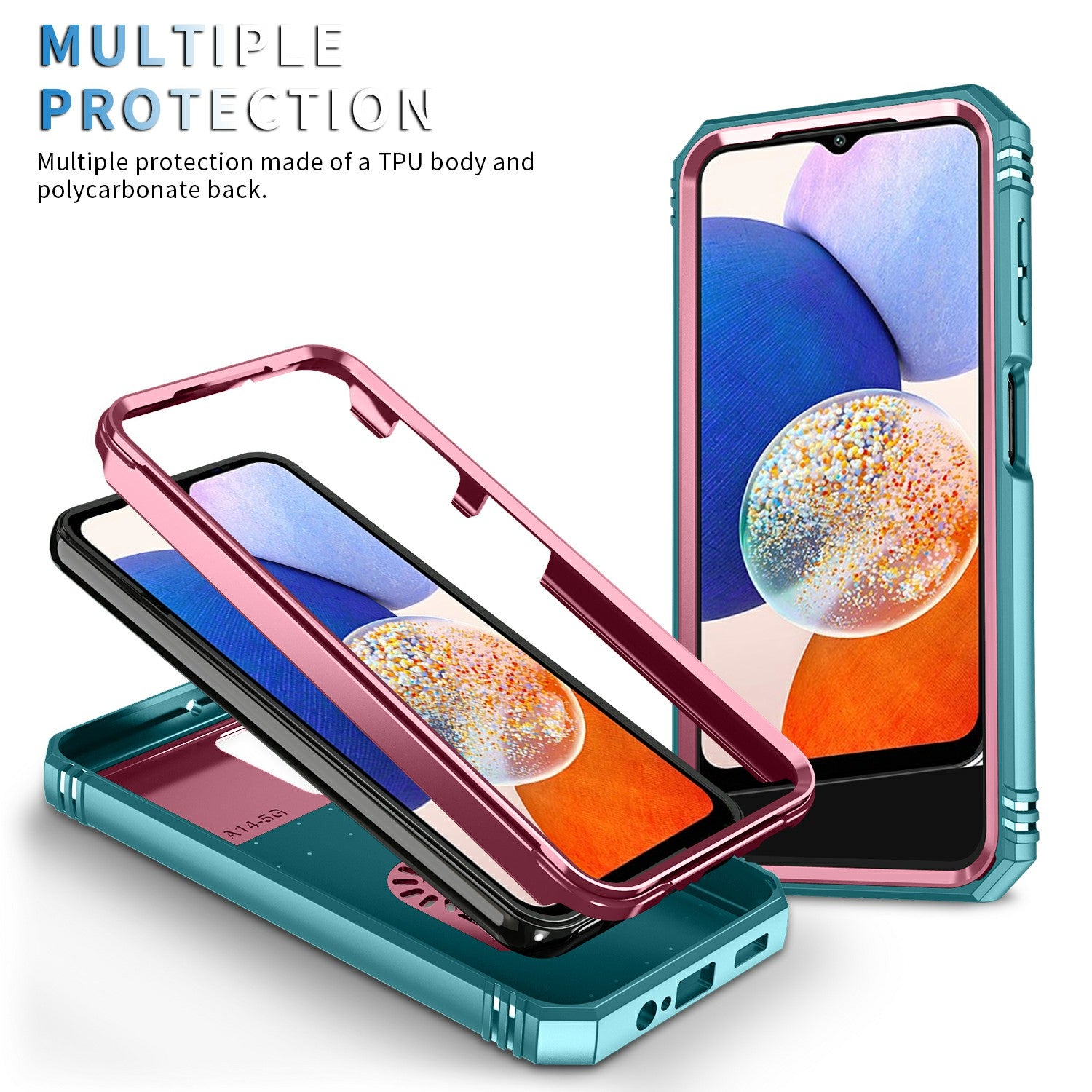 Shockproof Case for Samsung Galaxy A14 4G Kickstand PC TPU Cover with Card Slot Lens Guard