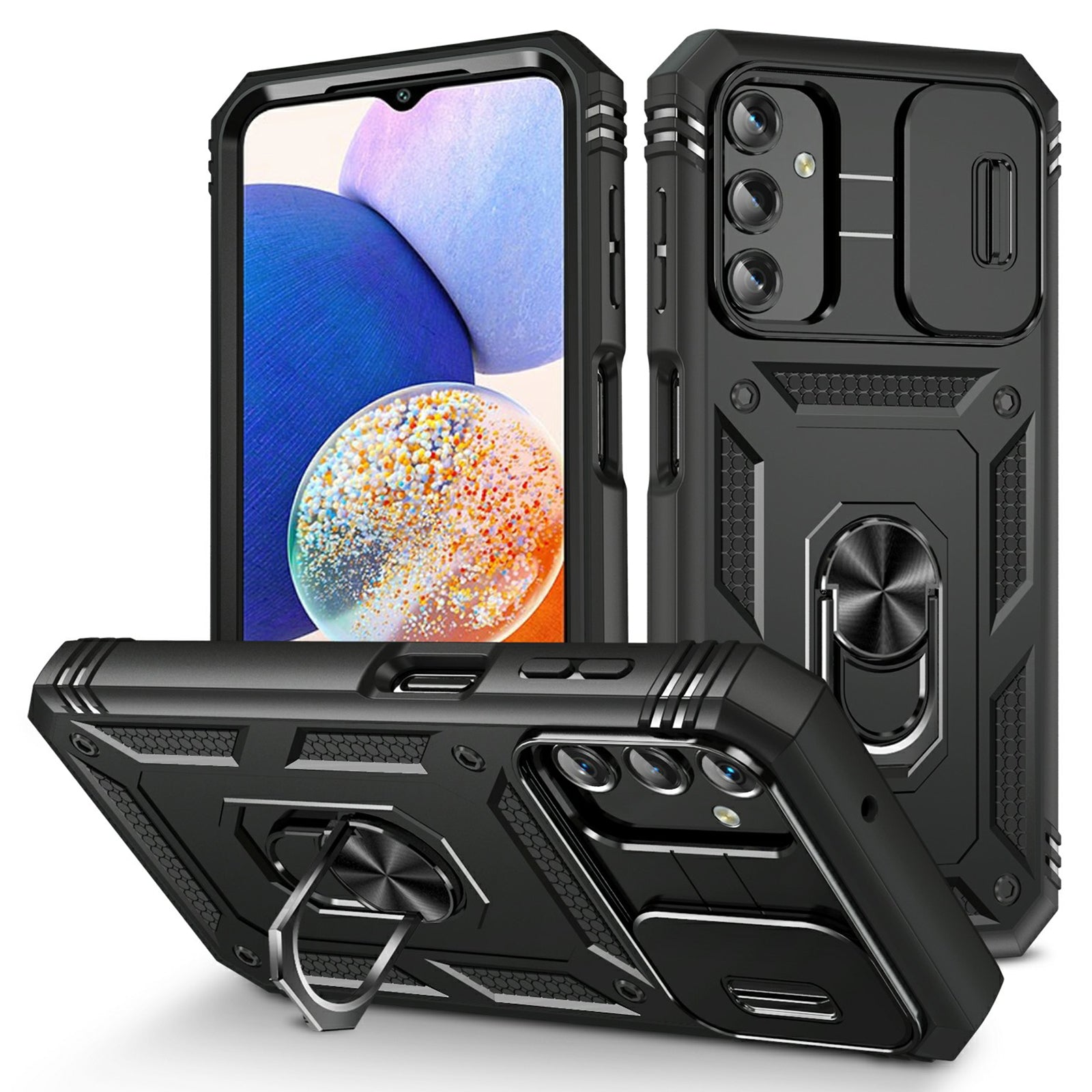Shockproof Case for Samsung Galaxy A14 4G Kickstand PC TPU Cover with Card Slot Lens Guard