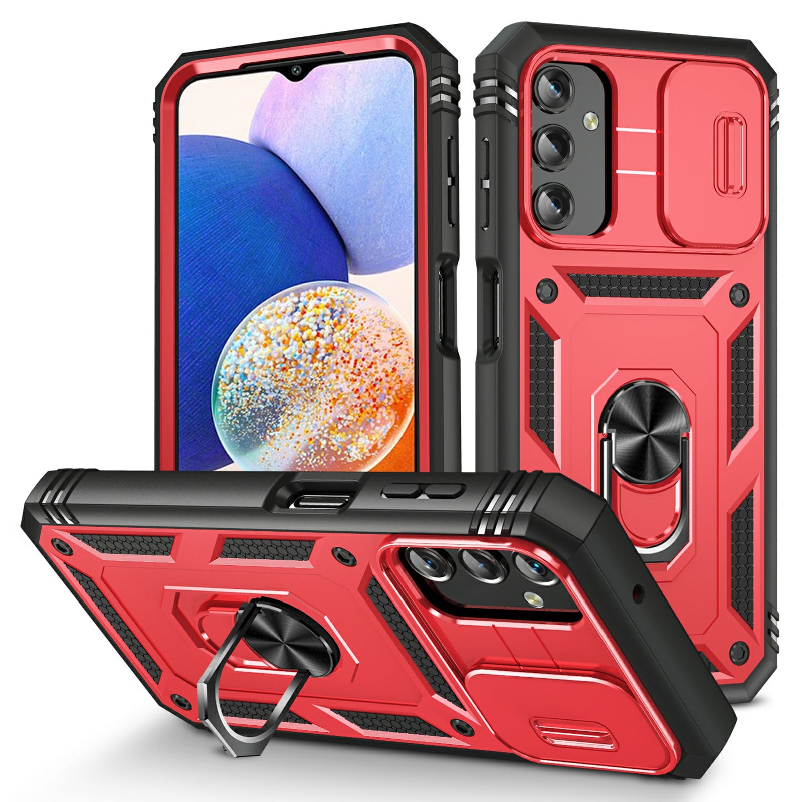 Shockproof Case for Samsung Galaxy A14 4G Kickstand PC TPU Cover with Card Slot Lens Guard
