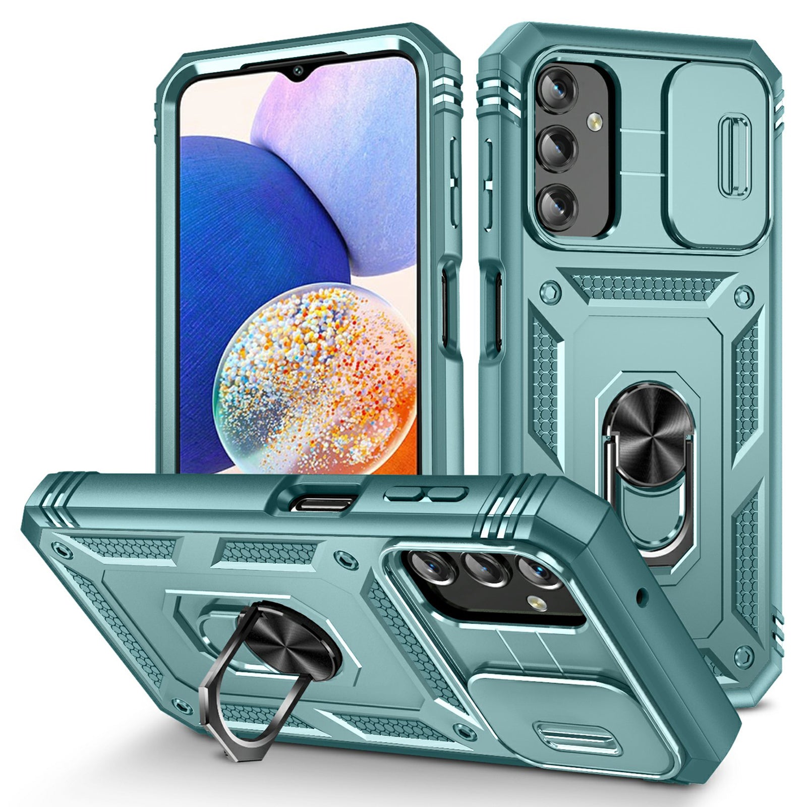 Shockproof Case for Samsung Galaxy A14 4G Kickstand PC TPU Cover with Card Slot Lens Guard