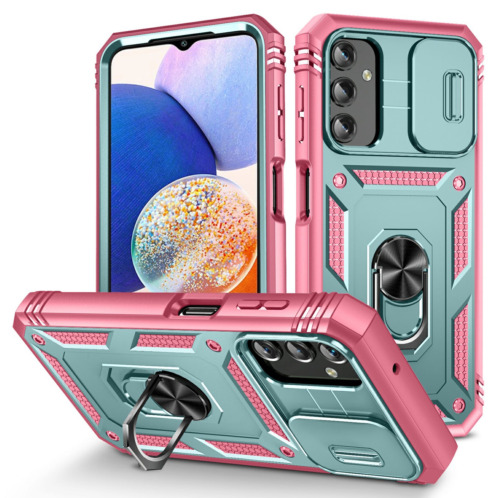 Shockproof Case for Samsung Galaxy A14 4G Kickstand PC TPU Cover with Card Slot Lens Guard