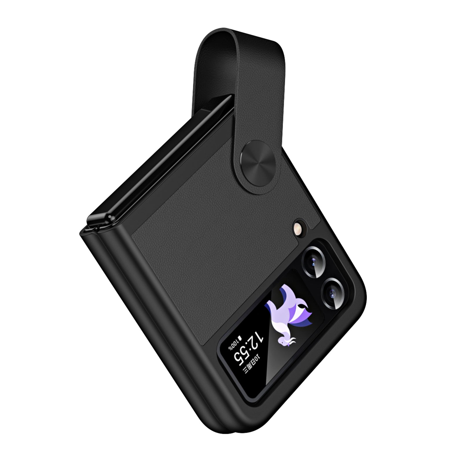 For Samsung Galaxy Z Flip4 5G PU Leather PC Phone Case Finger Strap Holder Kickstand Cover