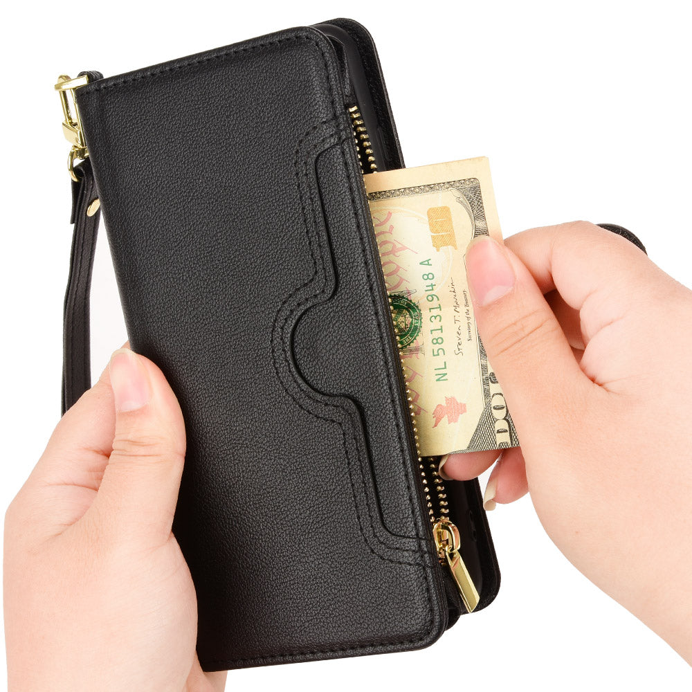 For Samsung Galaxy S23 Ultra Cellphone Cover Wallet Zipper Pocket Phone Case with 2 Straps