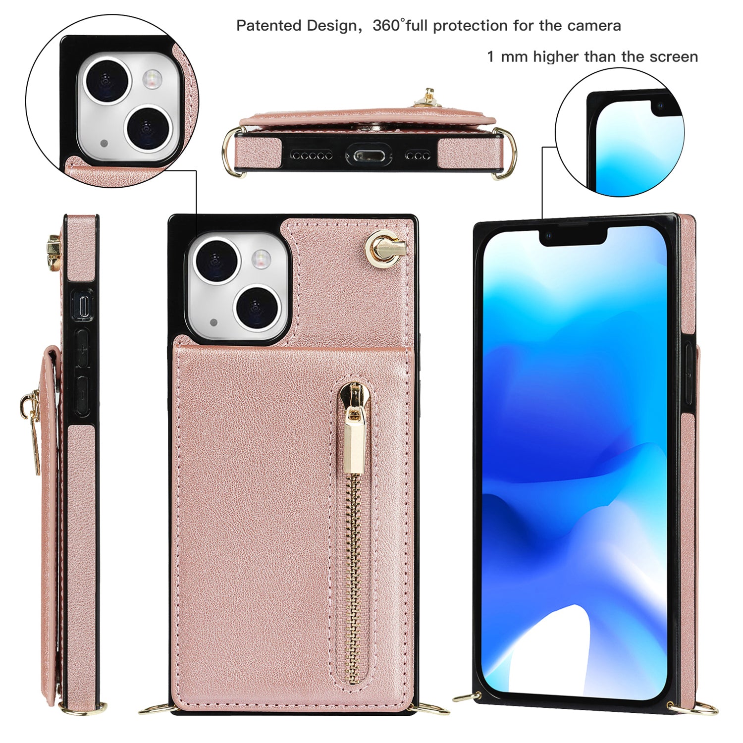 Kickstand Leather Coated TPU Phone Case for iPhone 14 Zipper Wallet Phone Cover with Shoulder Strap