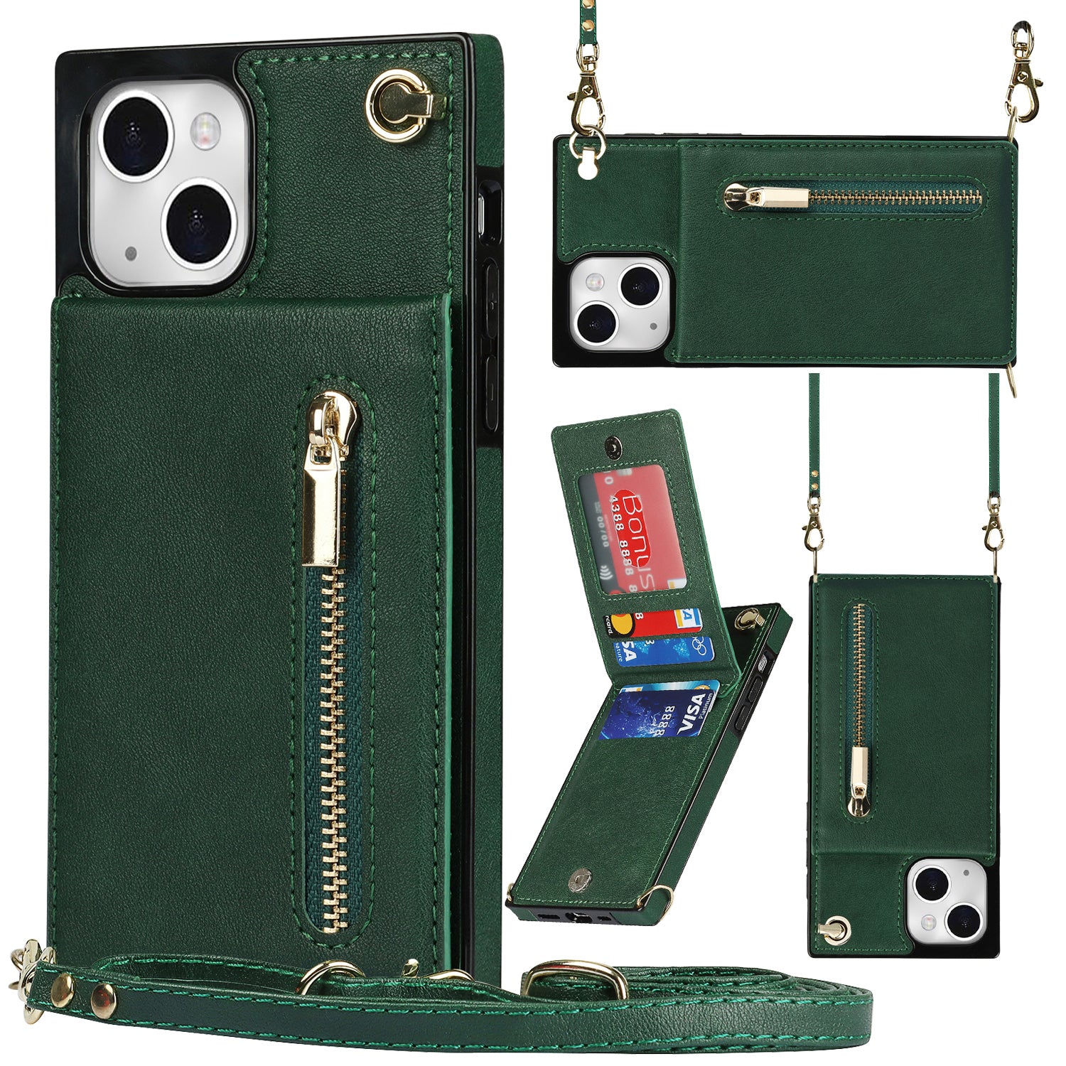 Kickstand Leather Coated TPU Phone Case for iPhone 14 Zipper Wallet Phone Cover with Shoulder Strap