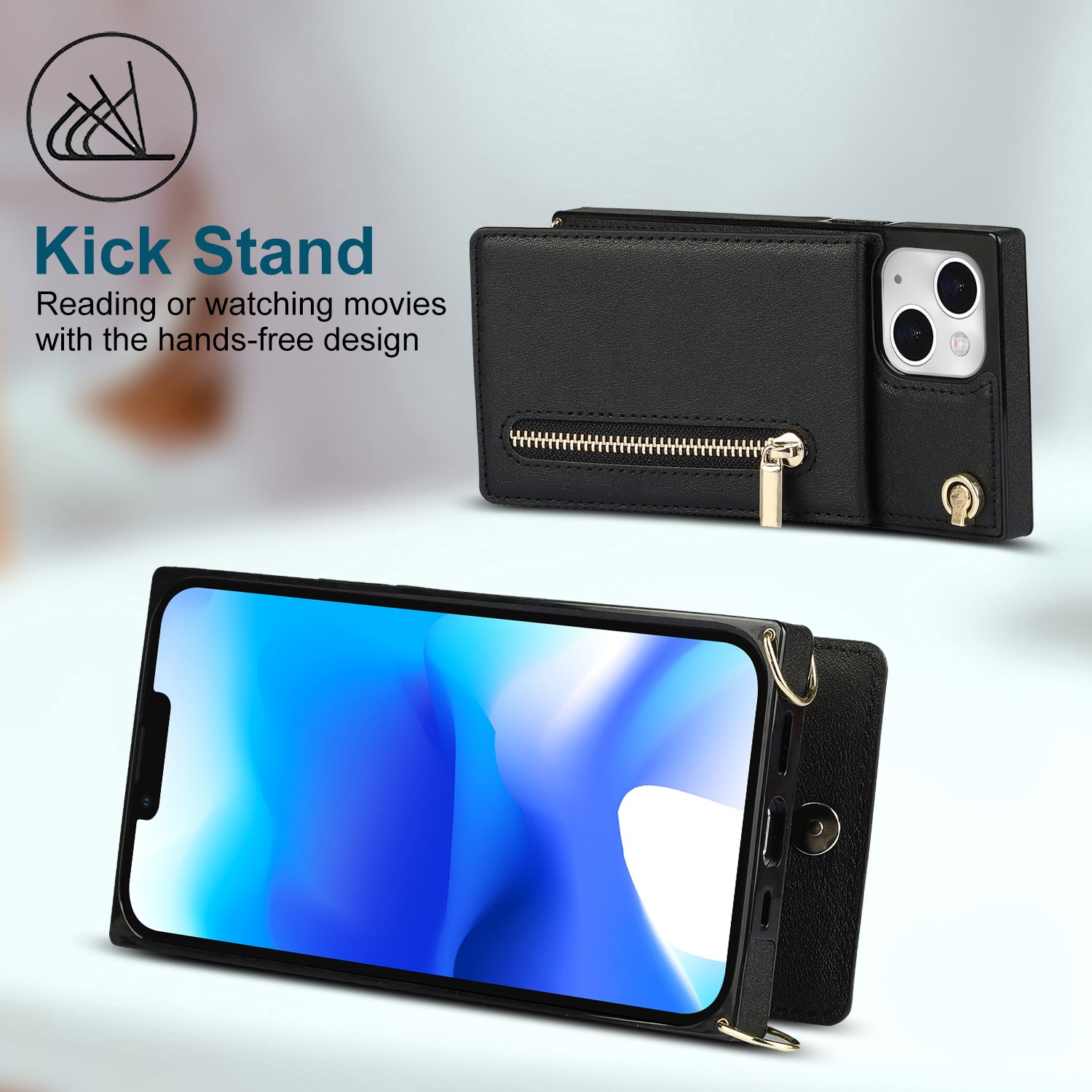 Kickstand Phone Cover for iPhone 14 Plus Leather Coated TPU Zipper Wallet Phone Case with Shoulder Strap