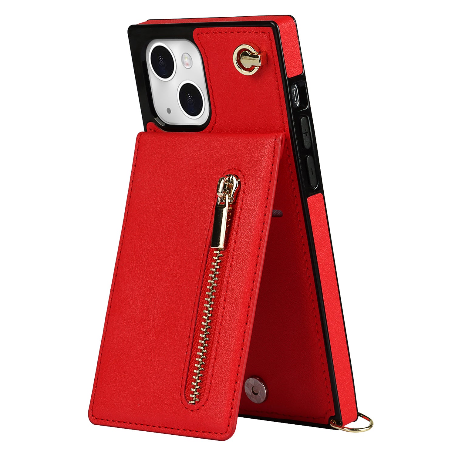 Kickstand Phone Cover for iPhone 14 Plus Leather Coated TPU Zipper Wallet Phone Case with Shoulder Strap