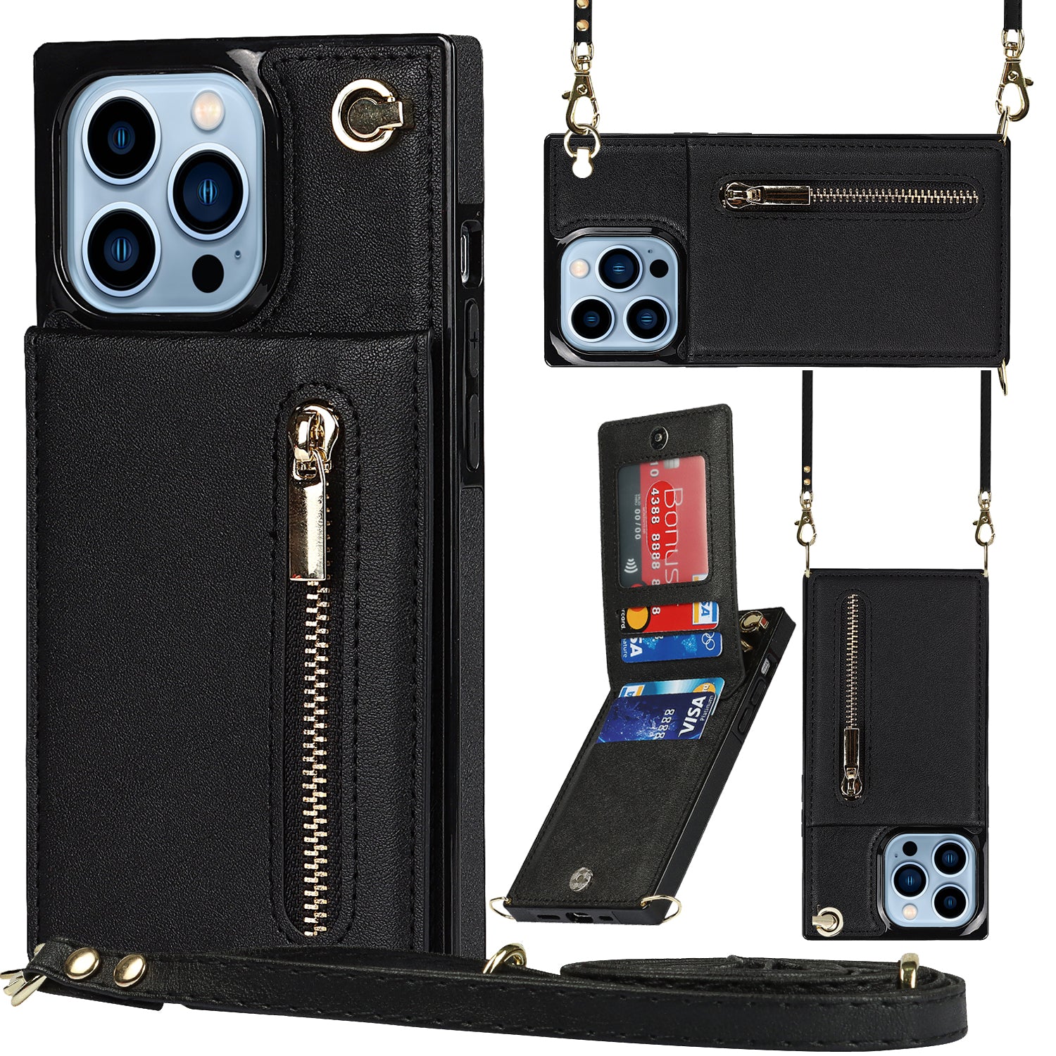 Pro iPhone 14 Pro Kickstand Pouzdro na telefon Peněženka na zip Kožený TPU kryt s popruhem přes rameno