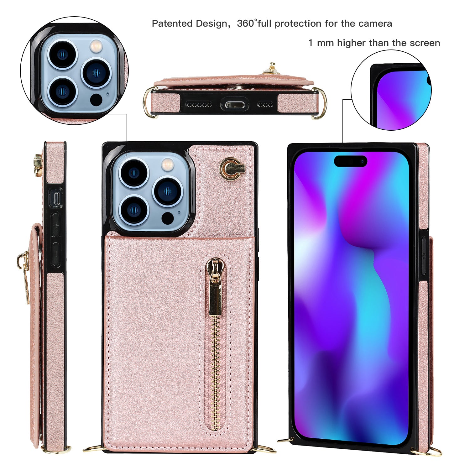 Pro iPhone 14 Pro Kickstand Pouzdro na telefon Peněženka na zip Kožený TPU kryt s popruhem přes rameno