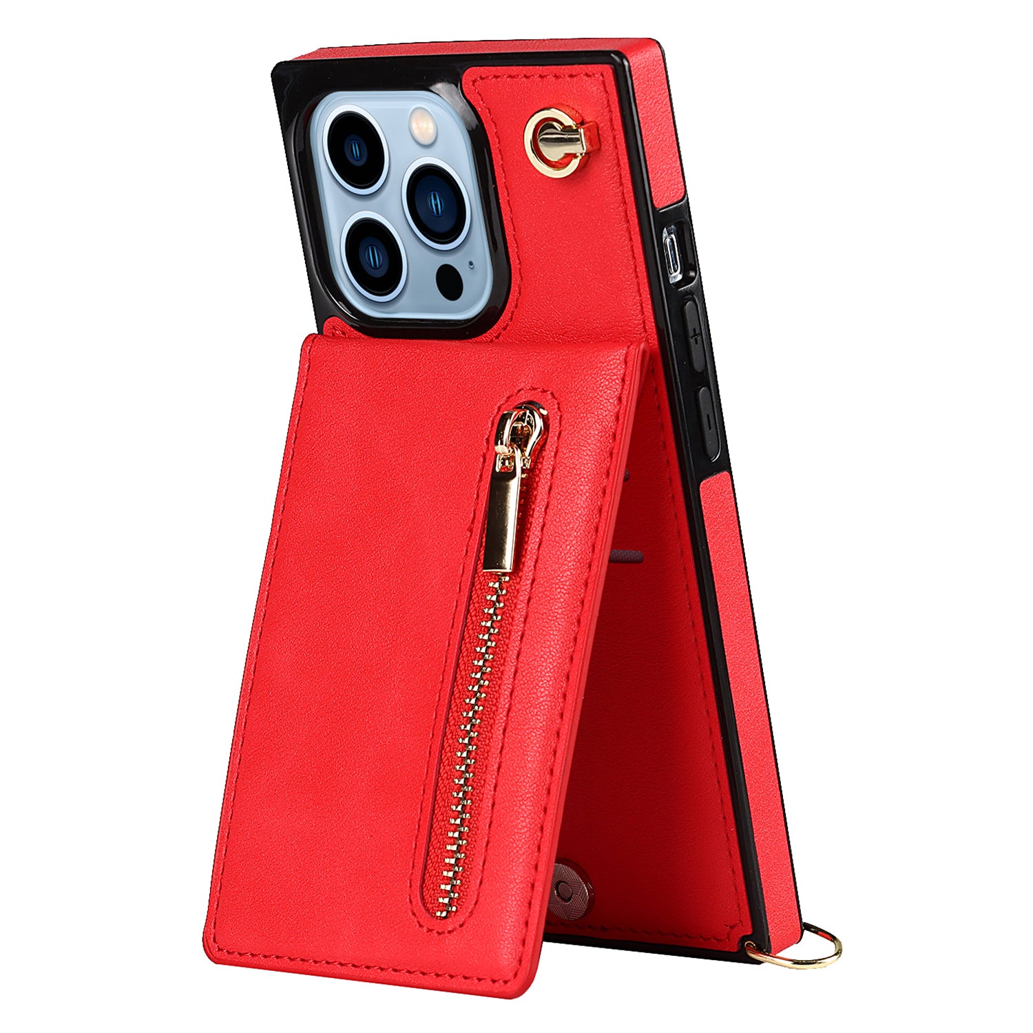 For iPhone 14 Pro Max Zipper Wallet Kickstand Phone Cover Leather Coated TPU Case with Shoulder Strap