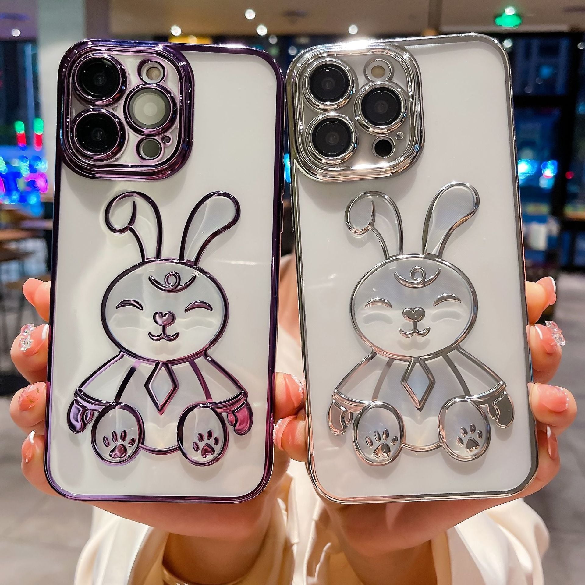 Pro iPhone 14 Pro Max Cartoon Rabbit Flexibilní TPU pouzdro na telefon Čirý galvanický kryt proti pádu s fólií na čočky