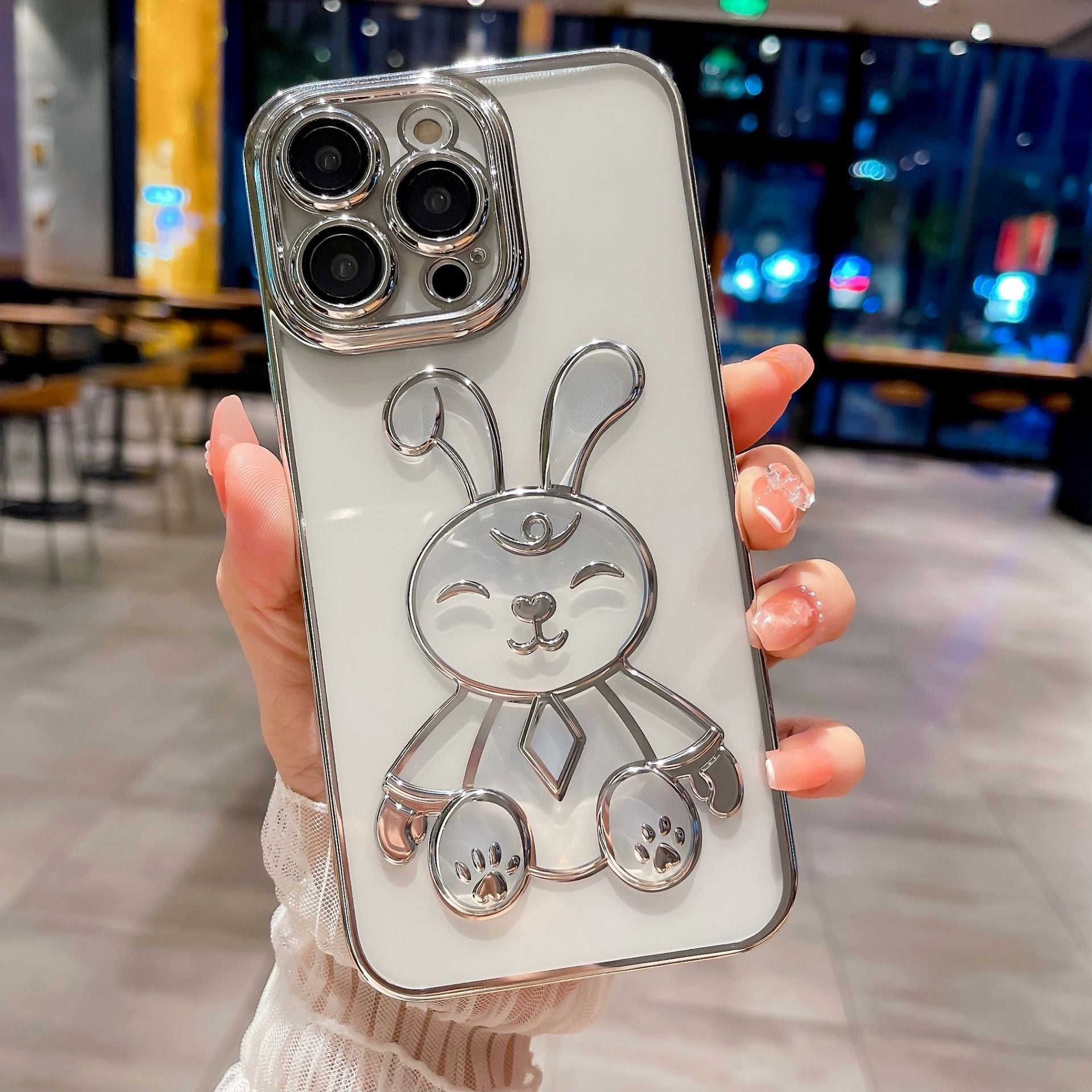 Pro iPhone 14 Pro Max Cartoon Rabbit Flexibilní TPU pouzdro na telefon Čirý galvanický kryt proti pádu s fólií na čočky