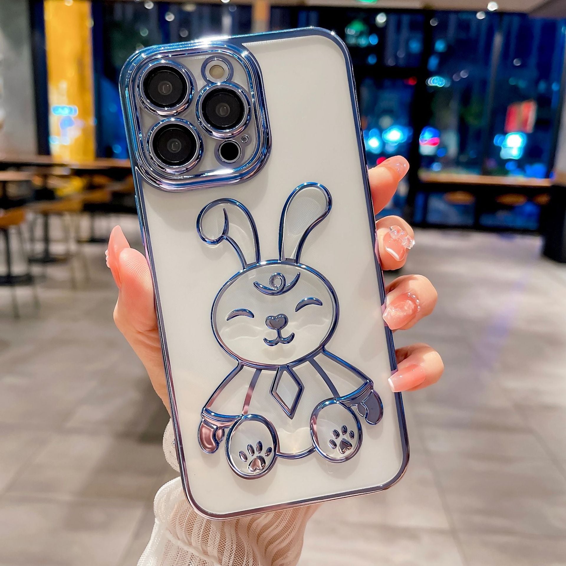 Pro iPhone 14 Pro Cartoon Rabbit Soft Kryt TPU Průhledné galvanické pouzdro na telefon proti poškrábání s fólií na čočky