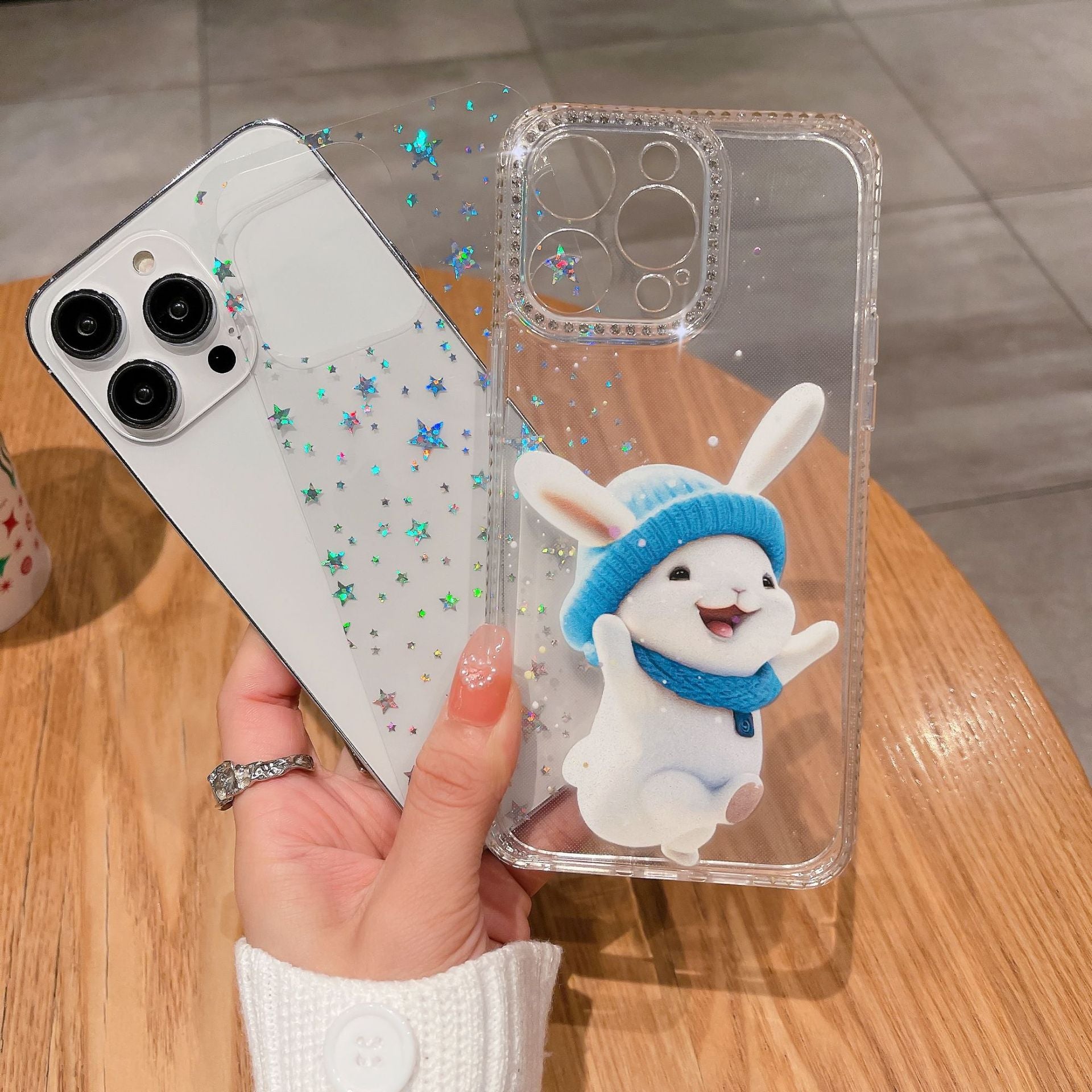 Roztomilý králičí TPU pouzdro pro iPhone 14 Pro Max Anti-Drop Phone Cover Kamínky zdobené tenké pouzdro