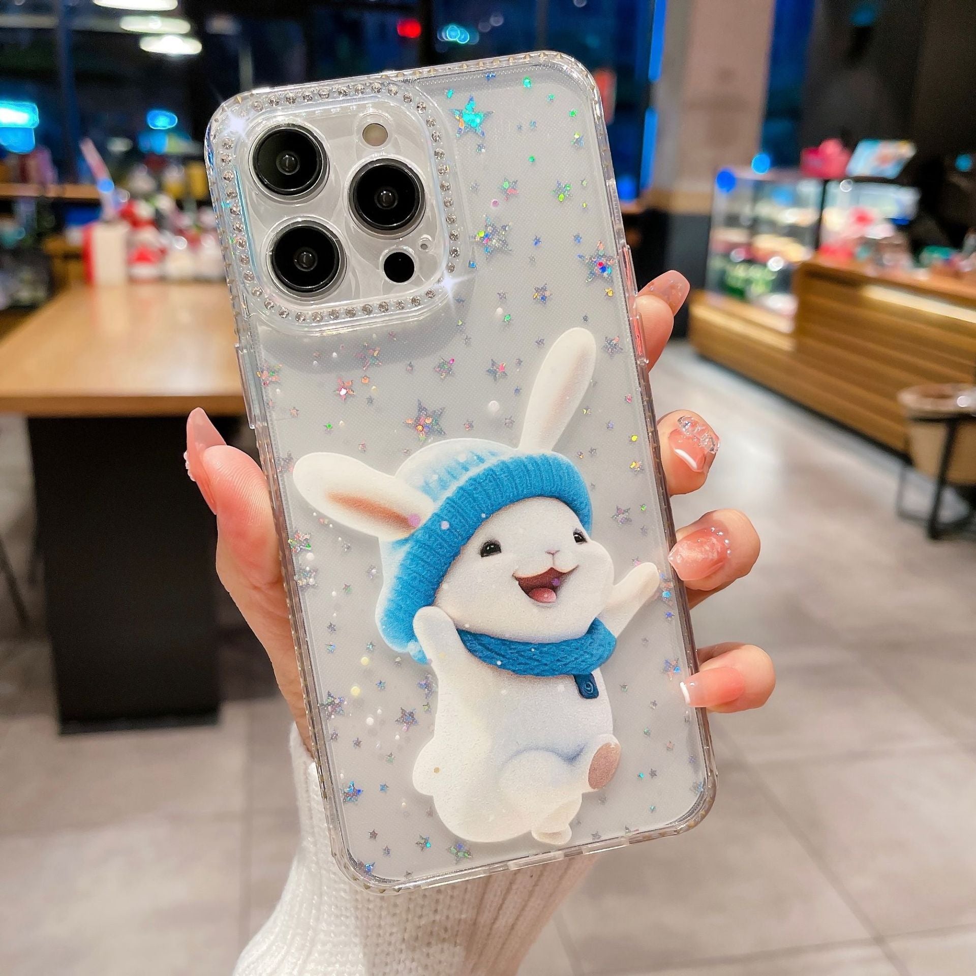 Roztomilý králičí TPU pouzdro pro iPhone 14 Pro Max Anti-Drop Phone Cover Kamínky zdobené tenké pouzdro