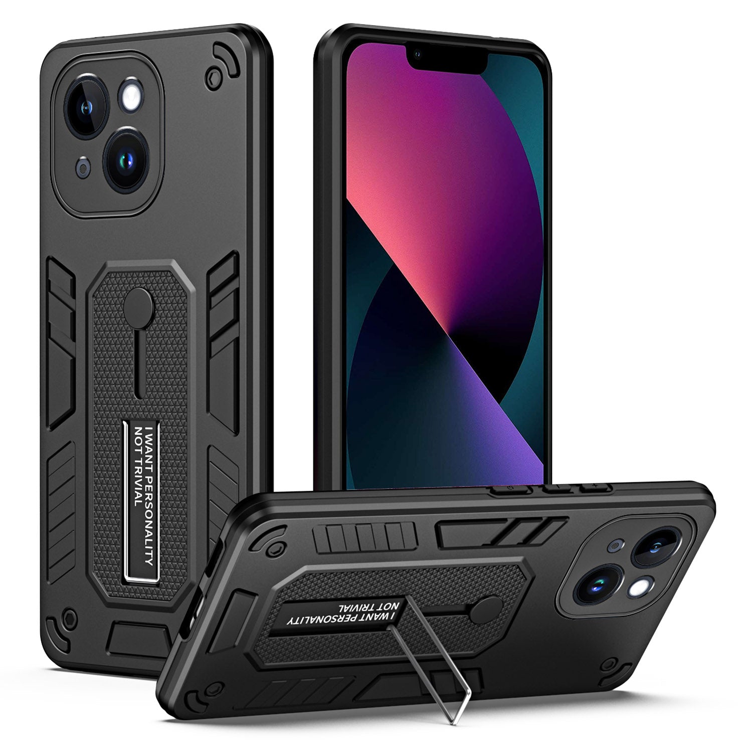 For iPhone 13 6.1 inch Kickstand Phone Case Finger Grip Strap PC TPU Shockproof Cover