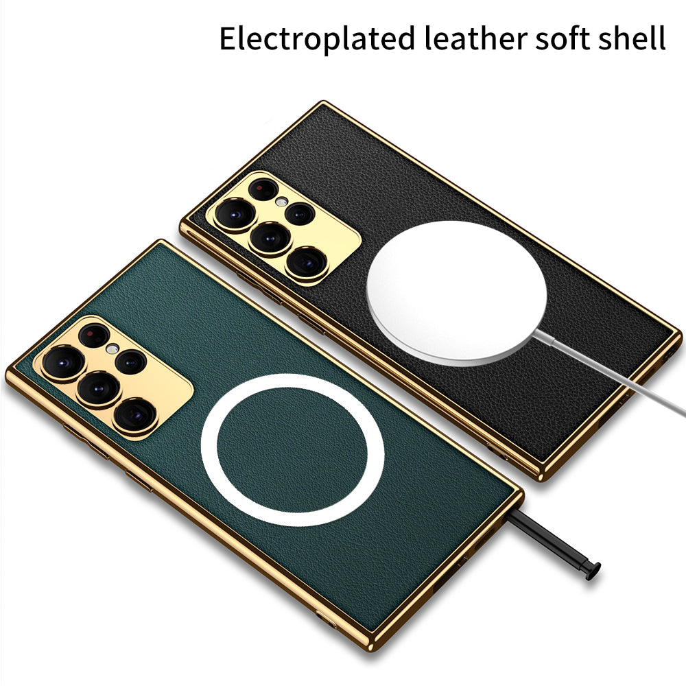 GKK Back Cover for Samsung Galaxy S23 Ultra Compatible with MagSafe Electroplating TPU Frame PU Leather PC Case