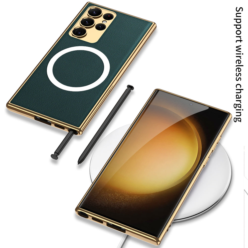 GKK Back Cover for Samsung Galaxy S23 Ultra Compatible with MagSafe Electroplating TPU Frame PU Leather PC Case