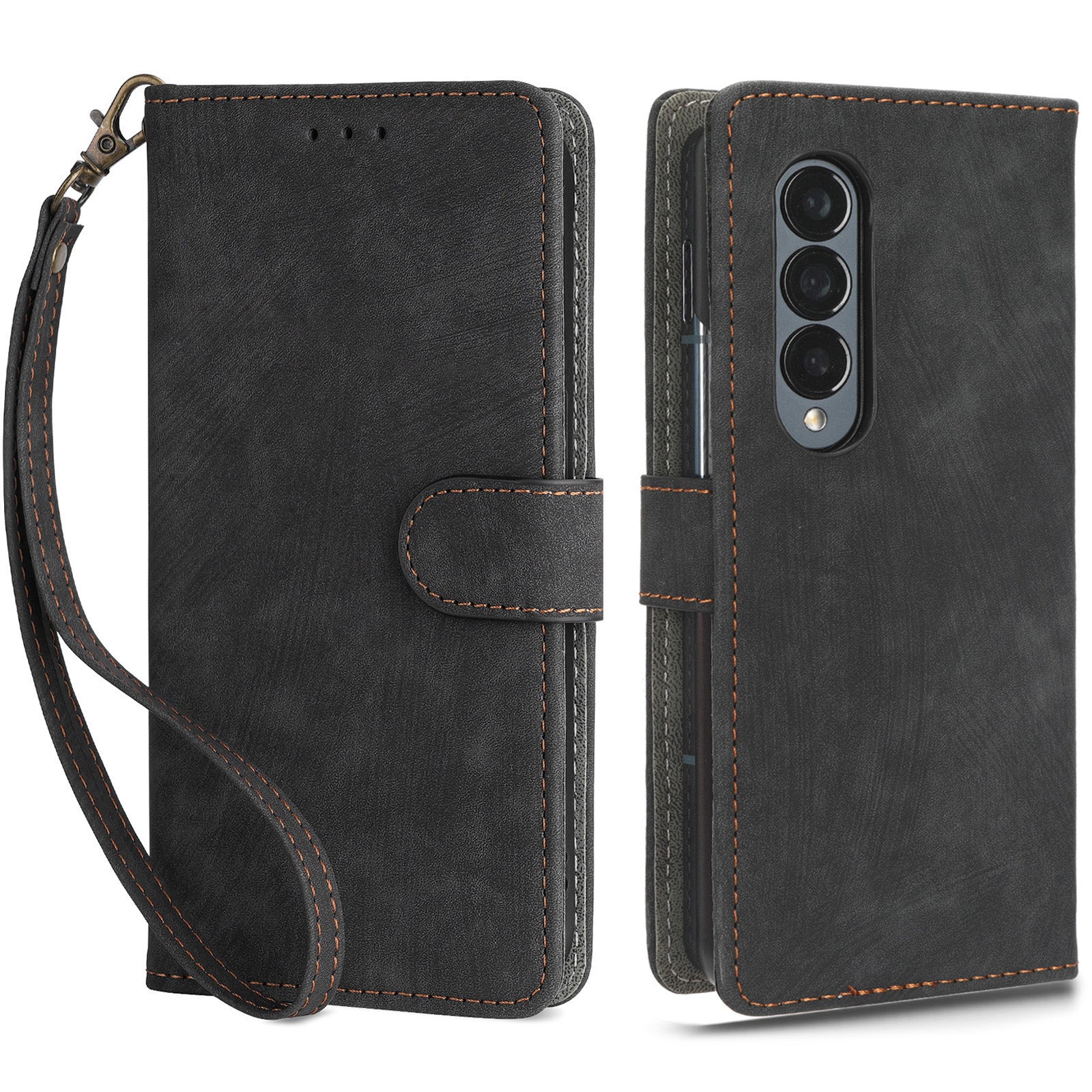 For Samsung Galaxy Z Fold3 5G Leather Phone Case RFID Blocking Wallet Stand Smartphone Cover with Strap