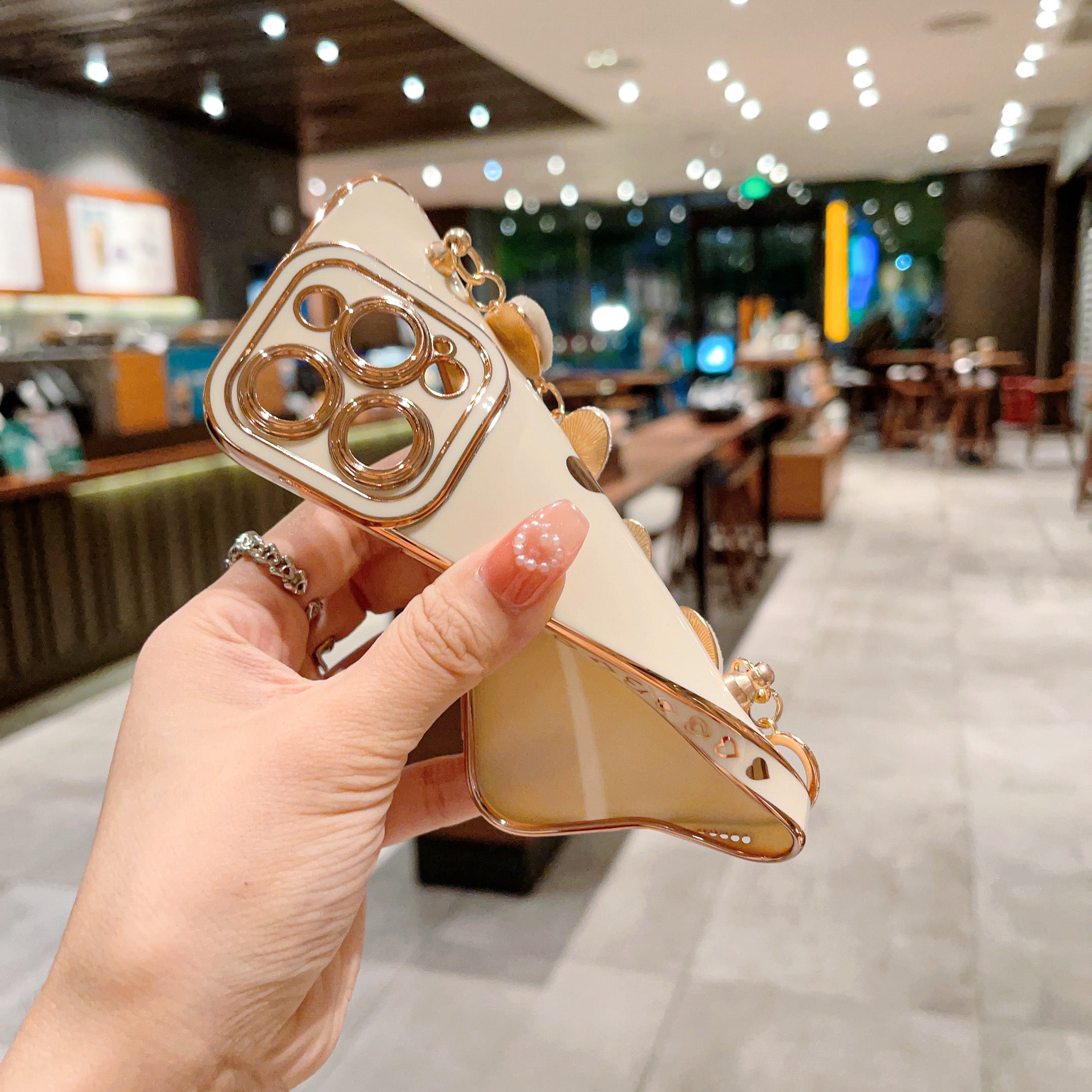 For iPhone 14 Pro Phone Case Electroplating TPU Phone Cover with Plush Love-Heart Strap