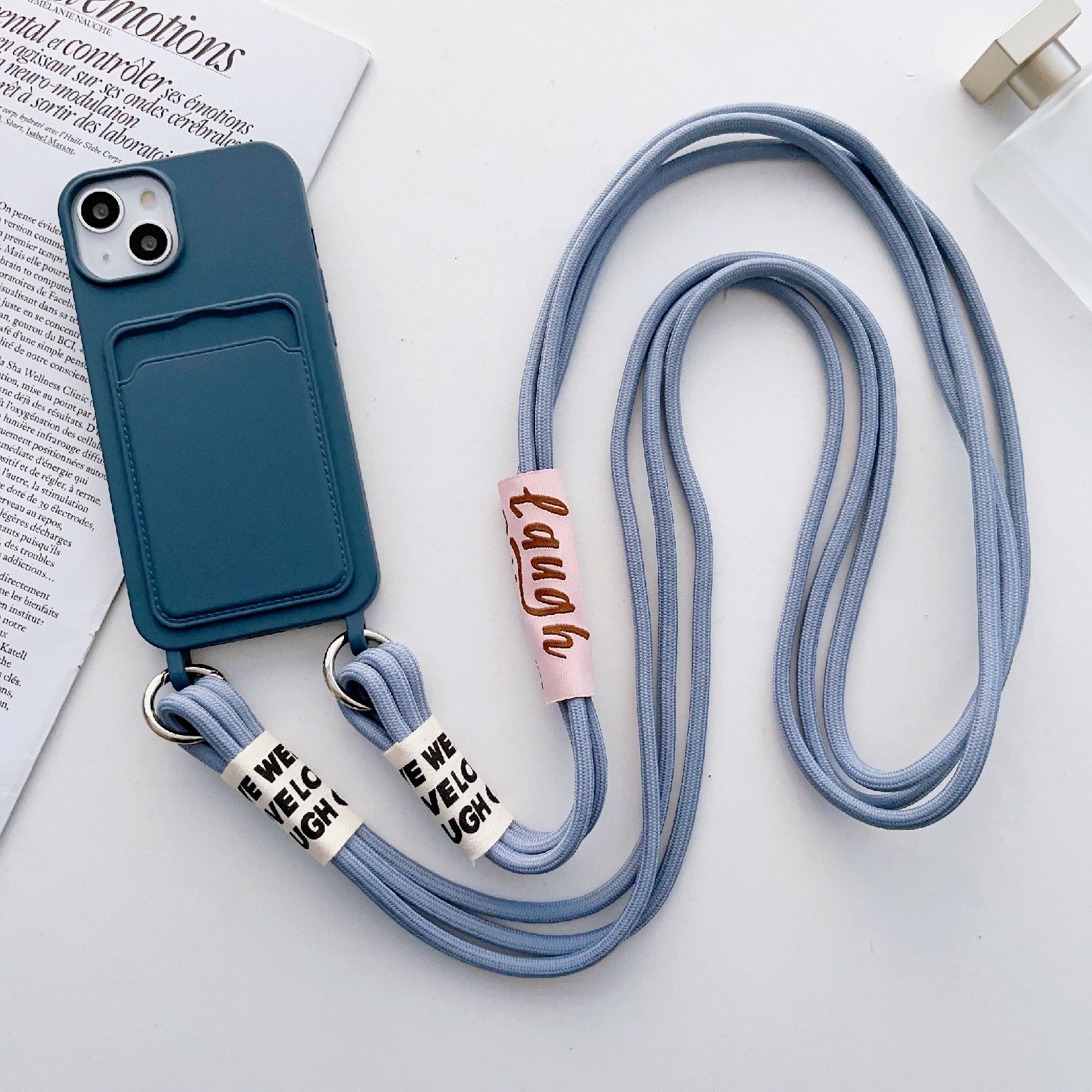 For iPhone 14 Soft Liquid Silicone Phone Case Card Slot Slim Protective Back Cover with Lanyard Strap