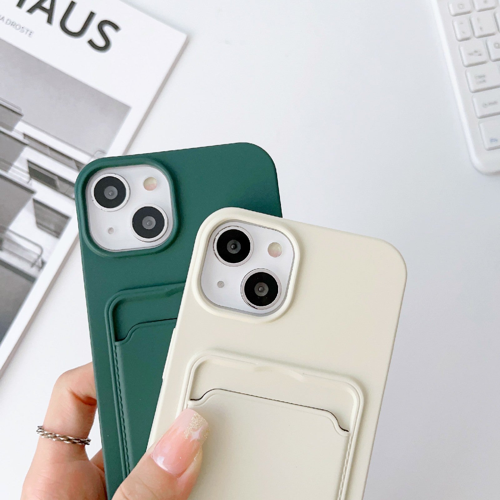 For iPhone 13 6.1 inch Phone Case Anti-Drop Liquid Silicone Protective Cover with Card Slot Strap