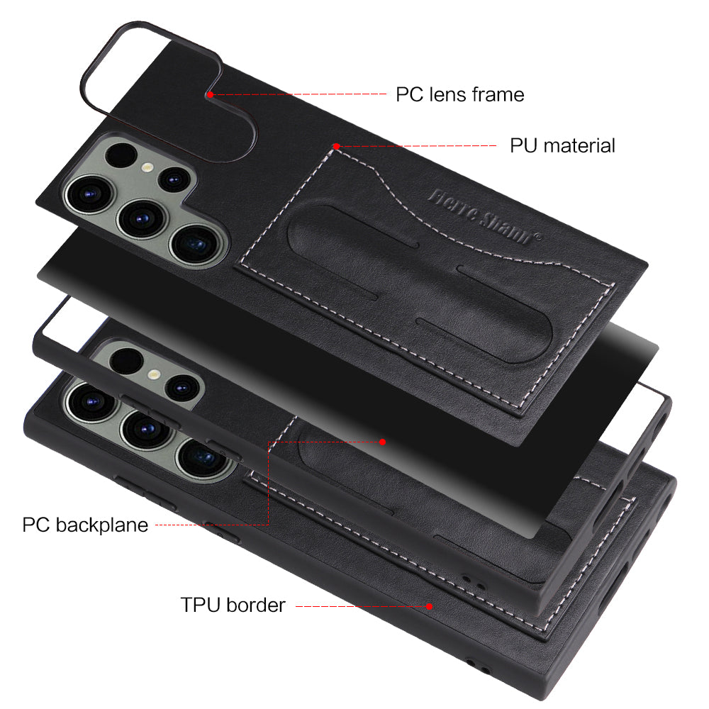 Phone Case for Samsung Galaxy S23 Ultra TPU Hard PC Case Leather Coated Kickstand Cover with Card Holder