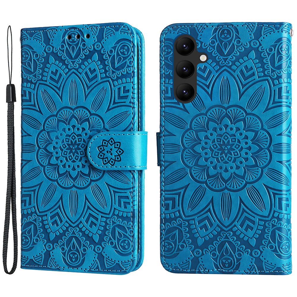 Leather Phone Case for Samsung Galaxy A24 4G Stand Wallet Sunflower Imprinted Cover with Hand Strap
