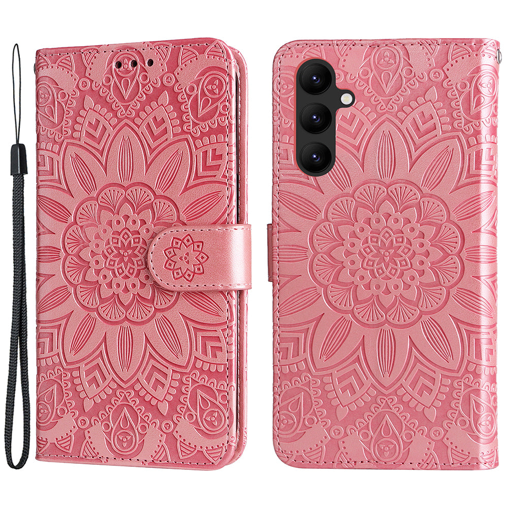 Leather Phone Case for Samsung Galaxy A24 4G Stand Wallet Sunflower Imprinted Cover with Hand Strap