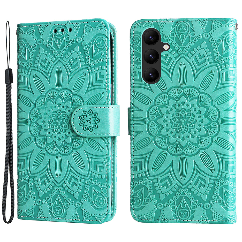 Leather Phone Case for Samsung Galaxy A24 4G Stand Wallet Sunflower Imprinted Cover with Hand Strap
