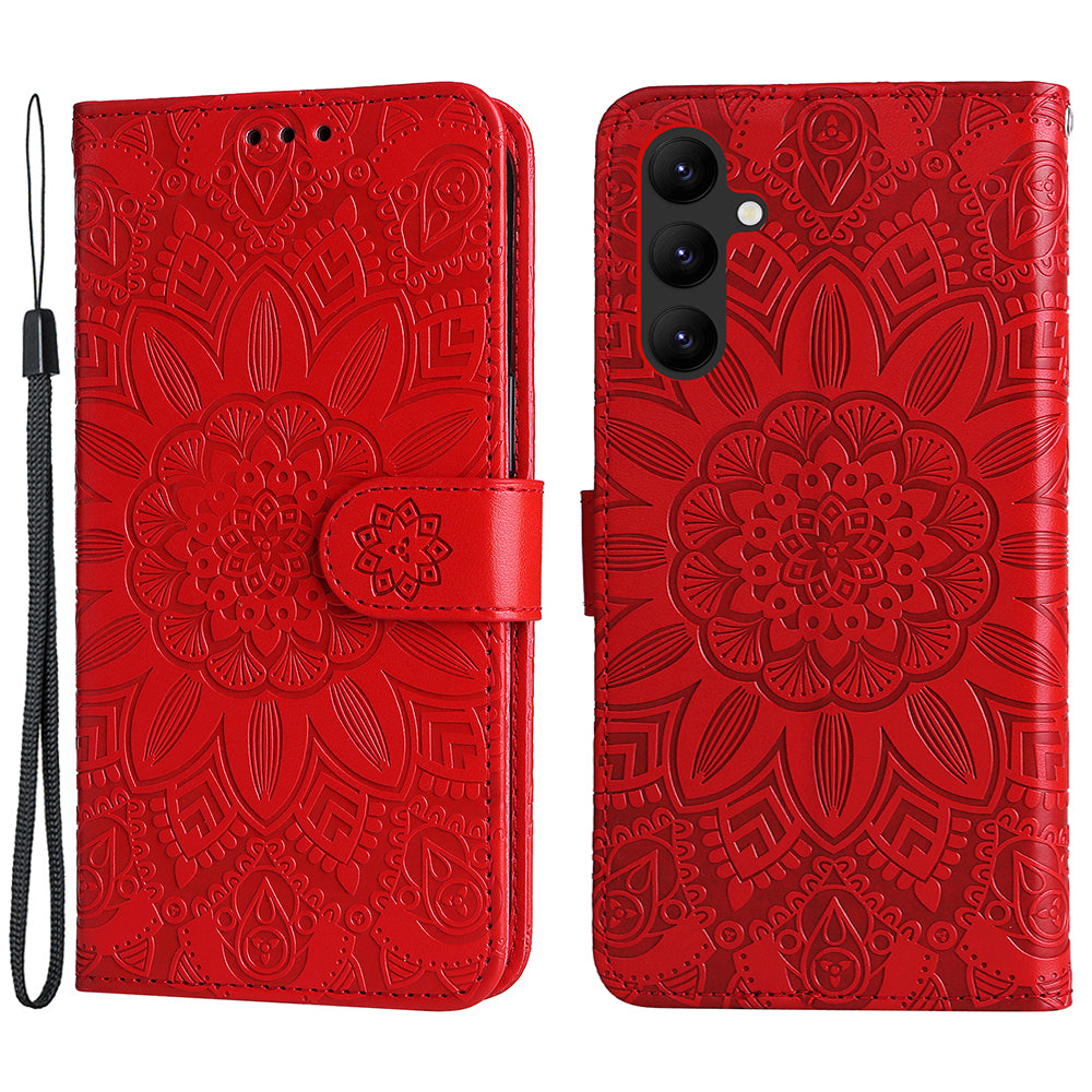 Leather Phone Case for Samsung Galaxy A24 4G Stand Wallet Sunflower Imprinted Cover with Hand Strap