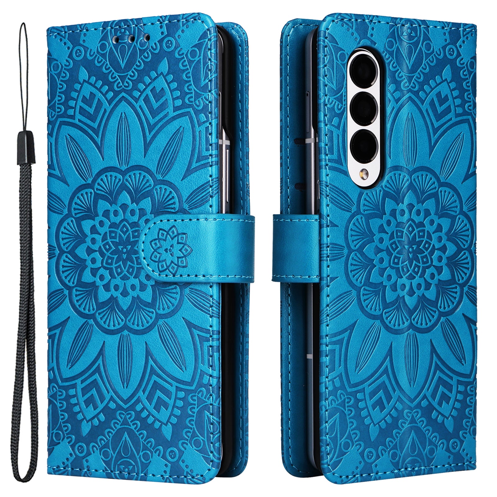 For Samsung Galaxy Z Fold3 5G Wallet Phone Case Stand Sunflower Imprinted Leather Folding Phone Cover with Strap