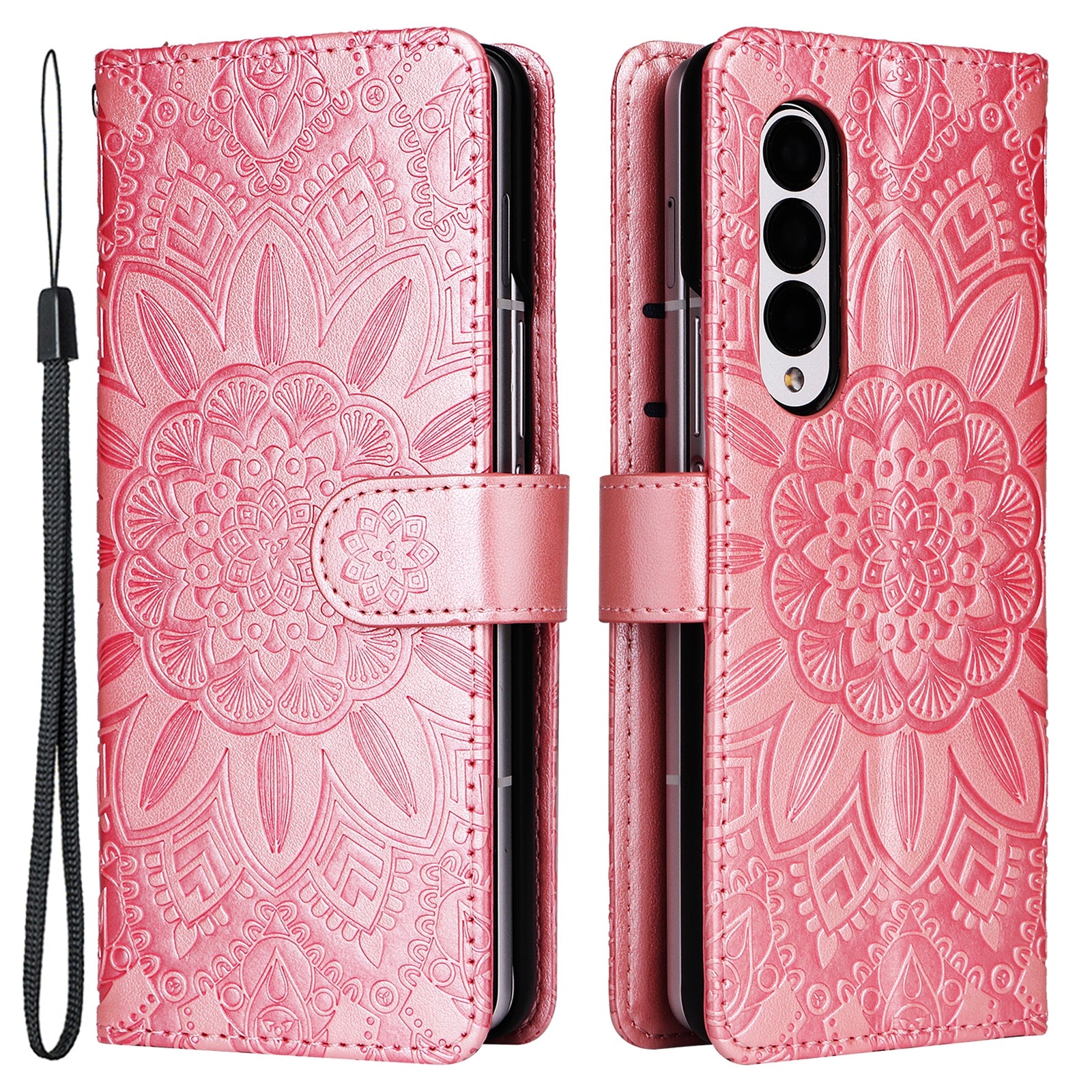 For Samsung Galaxy Z Fold3 5G Wallet Phone Case Stand Sunflower Imprinted Leather Folding Phone Cover with Strap