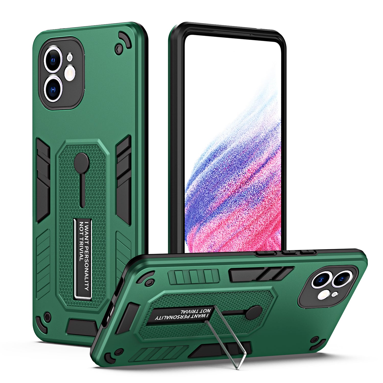 For iPhone 12 6.1 inch Phone Case Silicone Ring Strap TPU PC Shockproof Cell Phone Cover with Metal Kickstand