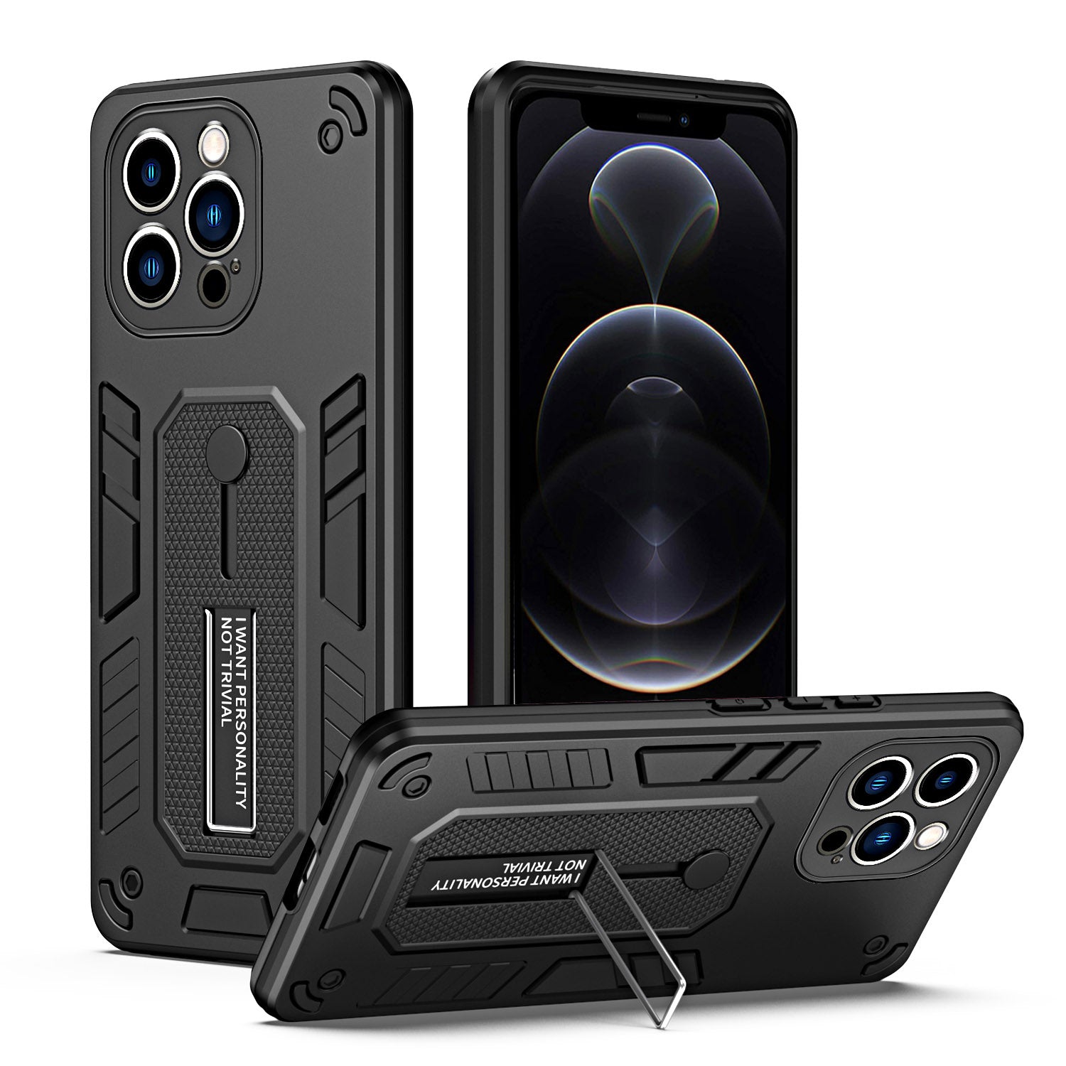 Metal Kickstand Phone Case for iPhone 12 Pro Max 6.7 inch Silicone Ring Strap TPU PC Shockproof Cell Phone Cover
