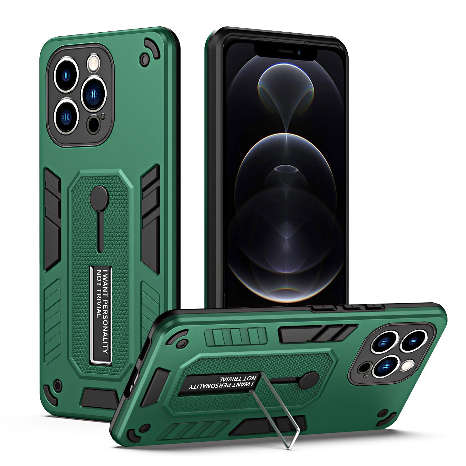 Metal Kickstand Phone Case for iPhone 12 Pro Max 6.7 inch Silicone Ring Strap TPU PC Shockproof Cell Phone Cover
