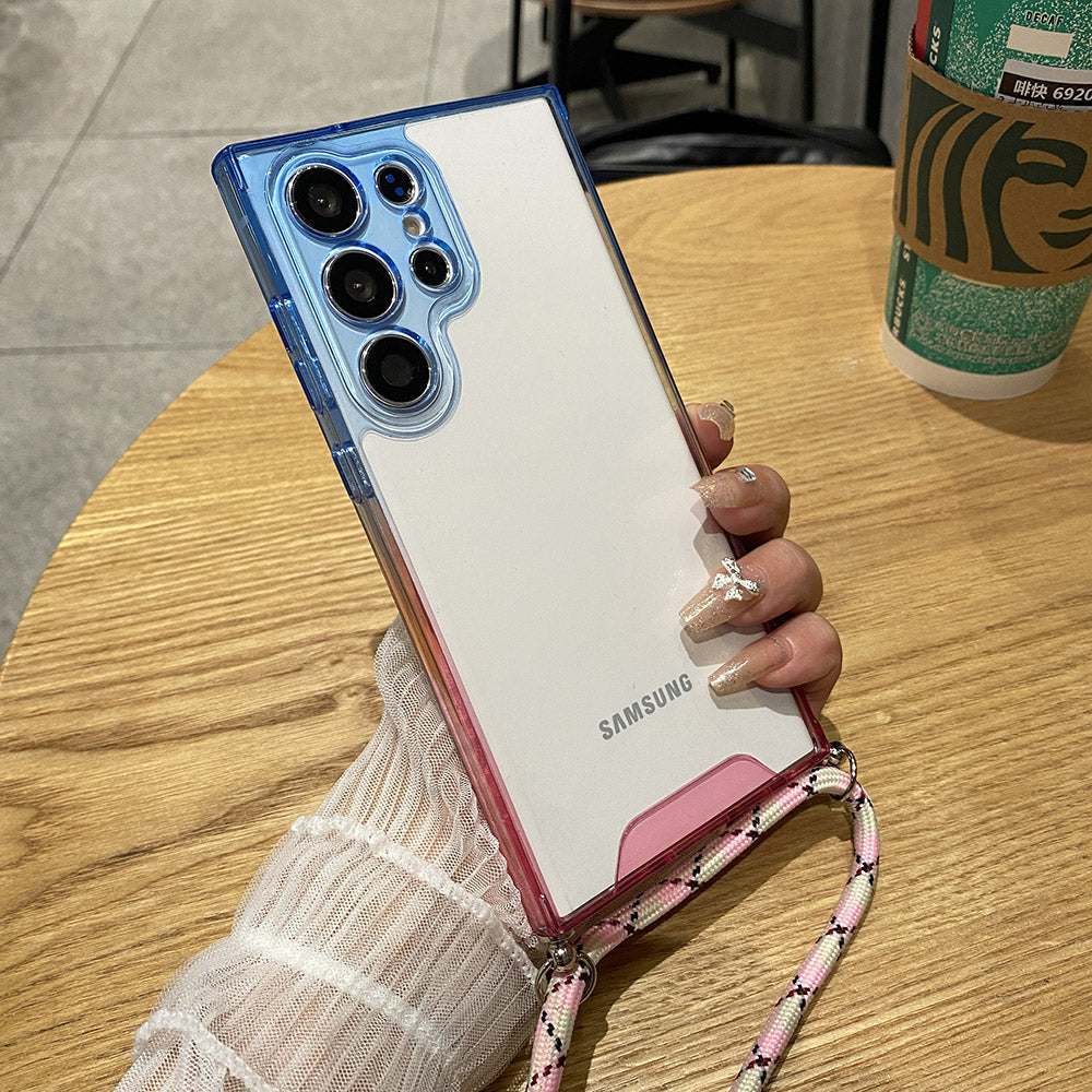 For Samsung Galaxy S22 Ultra 5G Clear Phone Case Gradient Frame TPU Phone Cover with Lanyard