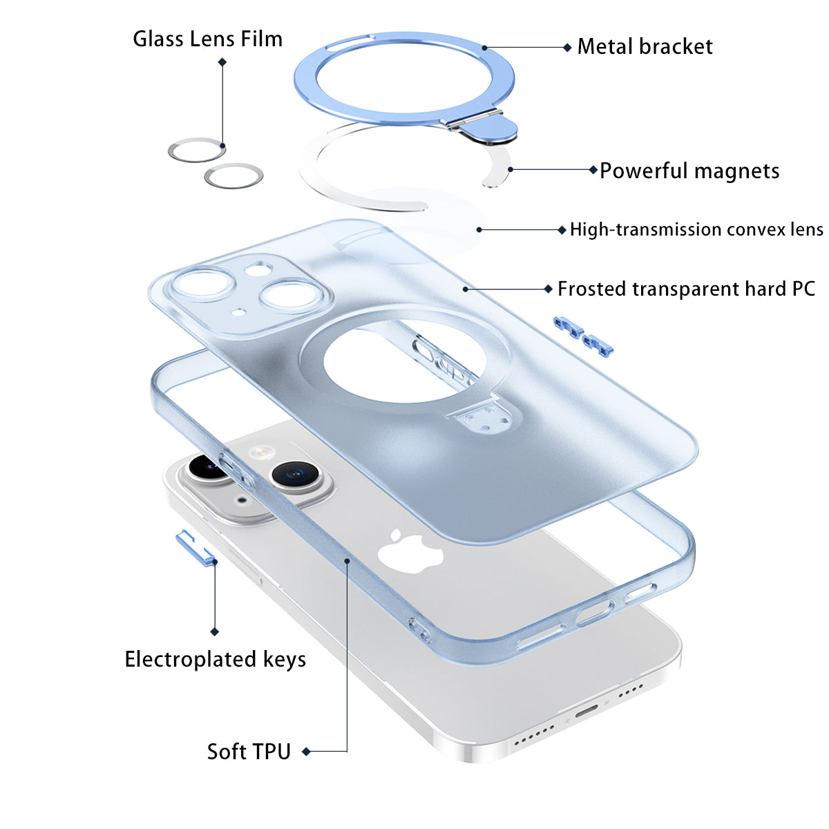 Ring Kickstand Magnetic Phone Case for iPhone 14 PC TPU Matte Phone Cover with Glass Lens Protector