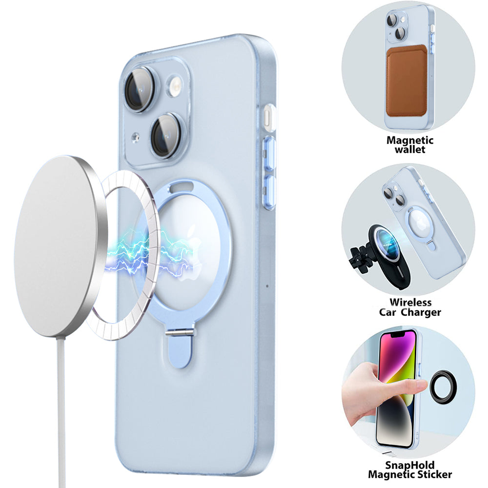 Ring Kickstand Magnetic Phone Case for iPhone 14 PC TPU Matte Phone Cover with Glass Lens Protector